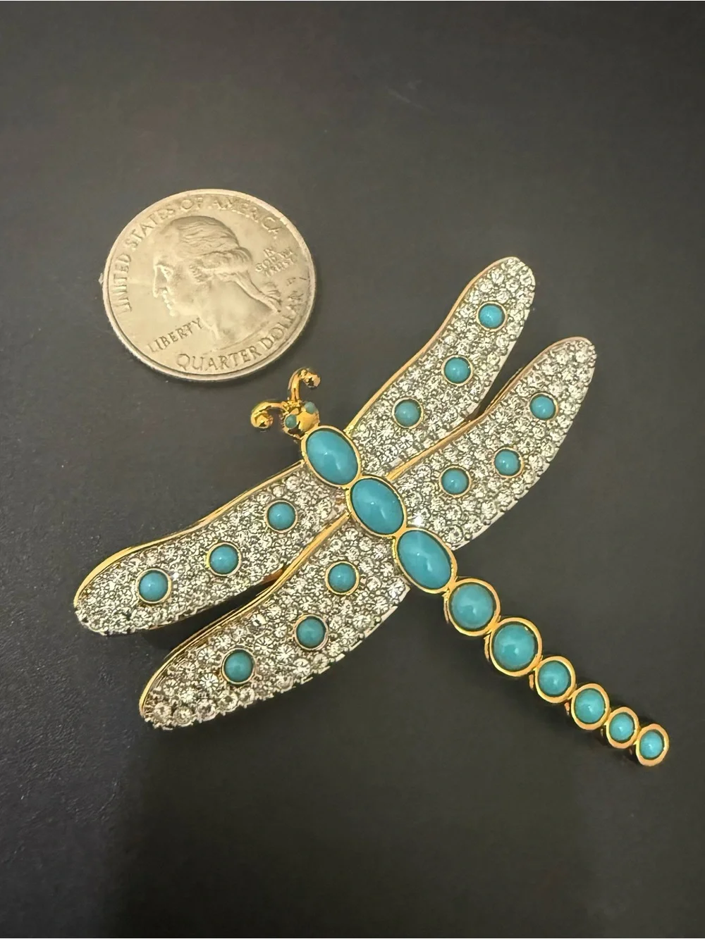 Rare Retired SWAROVSKI Swan Signed Pave Crystal Faux Turquoise Dragonfly Brooch